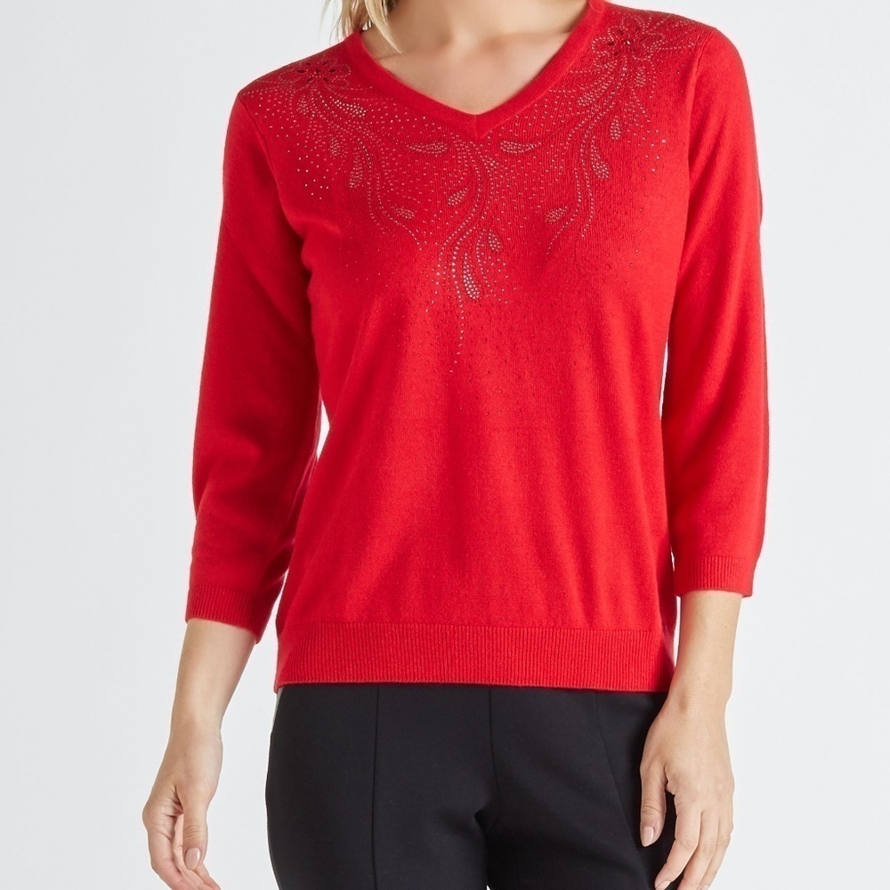 C. D. Daniels | Red Embellished Sweater 3/4 Sleeve Sparkle 1X